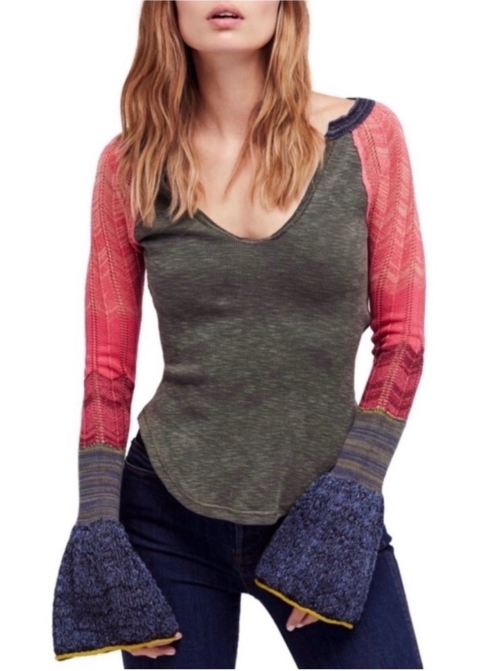 Free People We The Free Green and Pink Sunshine Thermal Knit Top